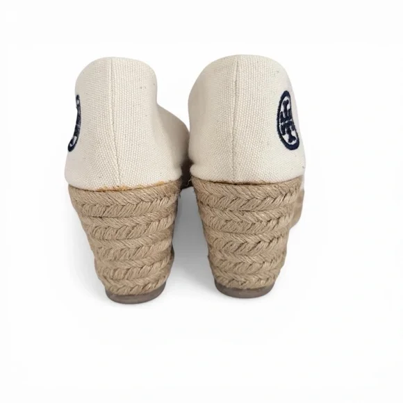 TORY BURCH Filipa Espadrille Wedges Cream Canvas Logo Summer Shoes size 7 - Picture 6 of 13
